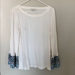 Loft White Top with Blue Stitched Bell Sleeves